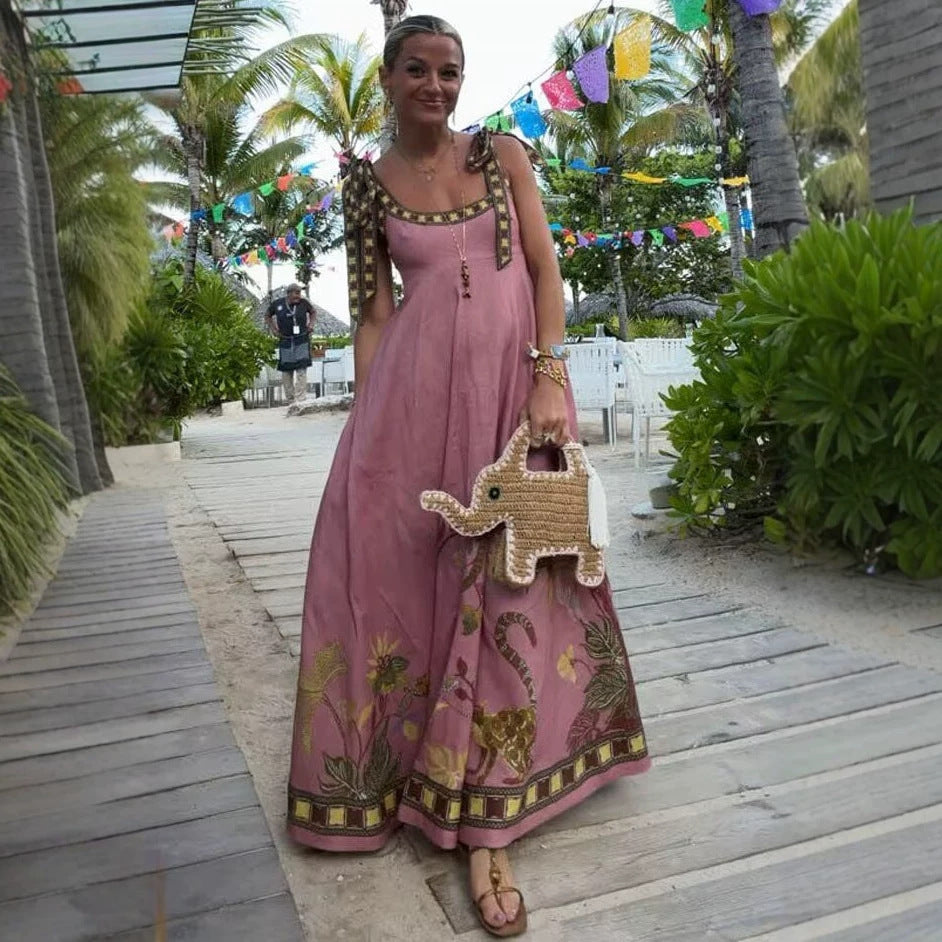 Positioning Floral Print Linen Sling Pocket Maxi Dress Bohemian Holiday Swing Dress Gemi