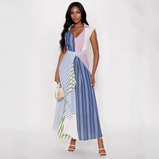 Women Clothes Cool Contrast Color Patchwork Stripes V neck Dress Irregular Asymmetric Cinched A line Dress