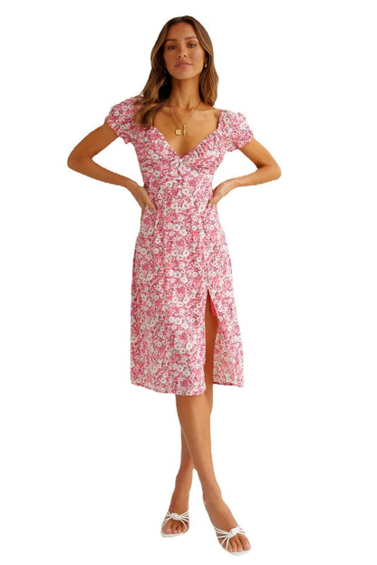 Summer Sexy Deep V neck Backless Short Sleeve Side Slit Printed Dress Women Oronia