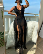Robe longue de plage, bikini à bretelles, protection solaire, maillot de bain trois pièces en maille pour femmes