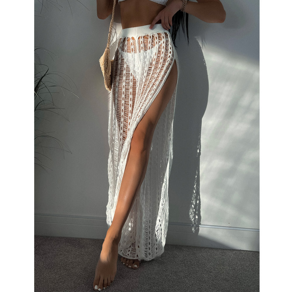 Pantalon de plage sexy en maille transparente pour femme, bretelles fendues et ajourées