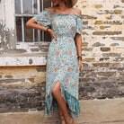 Arrival Summer Floral Blue off-Neck French Retro Dress HUNDRED