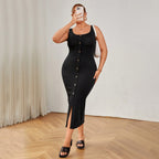 Plus Size Women Elegant Square Collar Dress Summer High Waist Solid Color Sling Hip Dress Yido