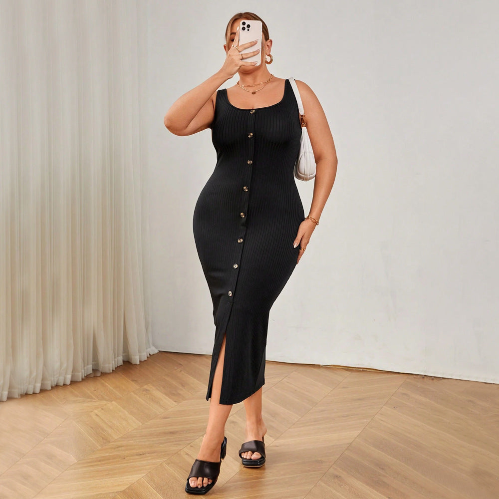 Plus Size Women Elegant Square Collar Dress Summer High Waist Solid Color Sling Hip Dress Yido