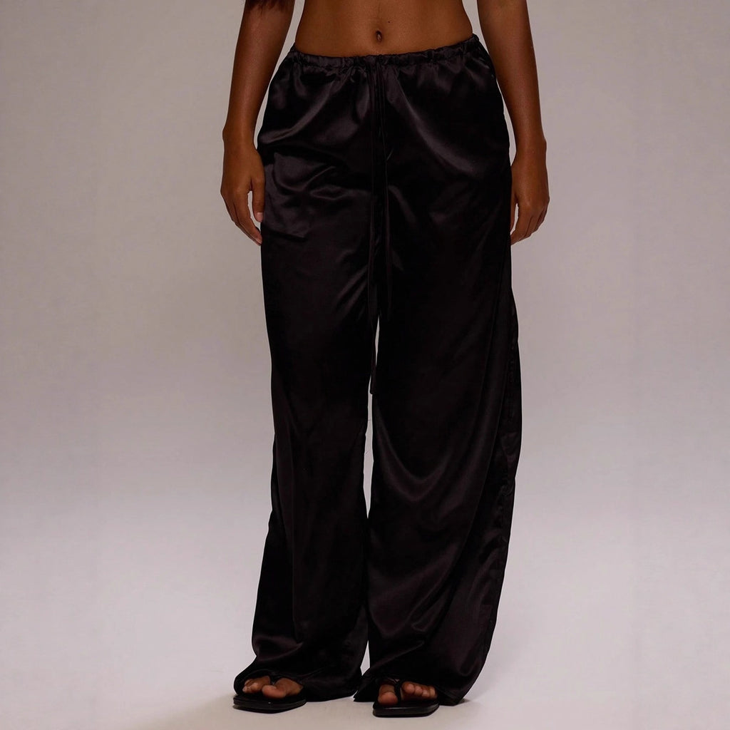 Ropa de mujer, moda de otoño, pantalones casuales de satén, pantalones largos holgados de pierna ancha con cordón
