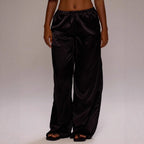 Ropa de mujer, moda de otoño, pantalones casuales de satén, pantalones largos holgados de pierna ancha con cordón