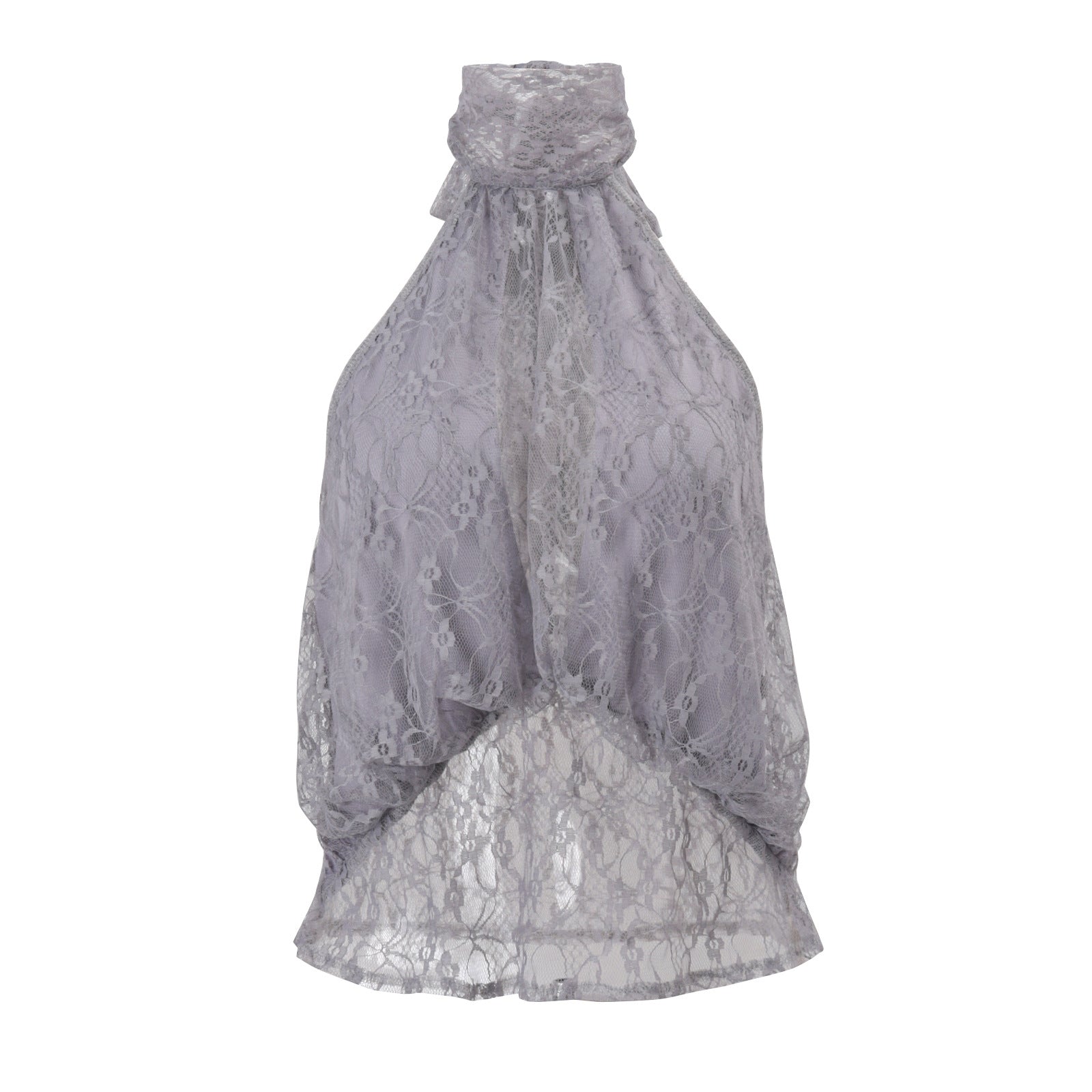 Women Clothing Summer Fashionable Chic High Neck Lace See Through Sleeveless Backless Irregular Asymmetric Top Burgatti