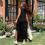 Summer High Waist V neck Maxi Dress Cotton Polyester Knitted A line Split Japanese Korean Casual Dress Yido