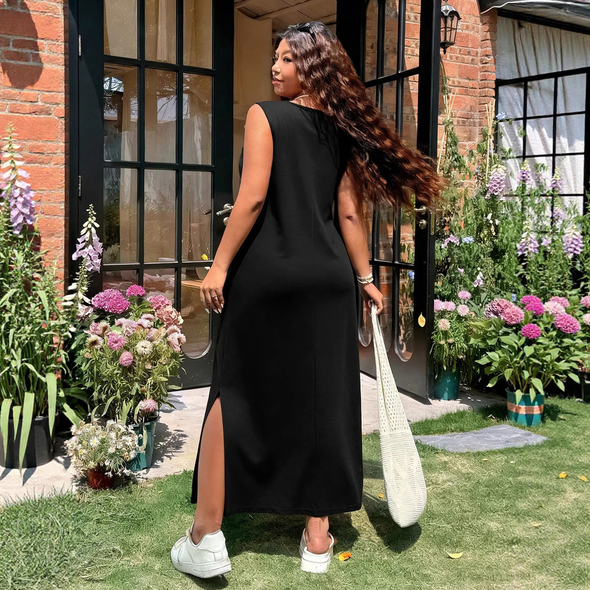 Summer High Waist V neck Maxi Dress Cotton Polyester Knitted A line Split Japanese Korean Casual Dress Yido