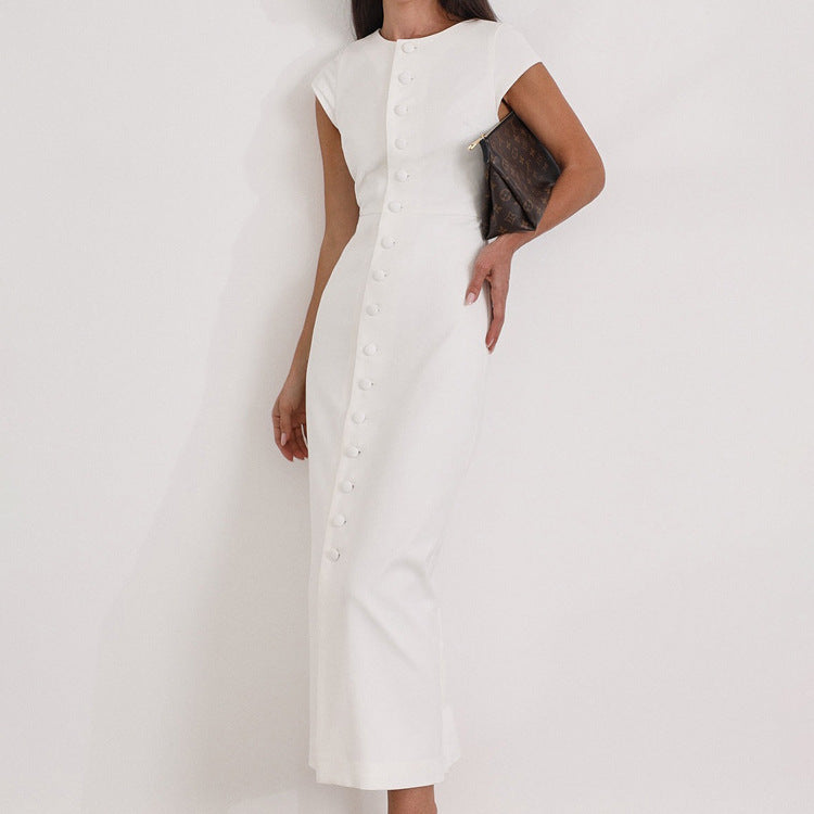 Robe fourreau blanche à col rond et manches volantées pour femme, élégante, à simple boutonnage