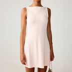 Women Clothing Spring Summer Sleeveless Simple Elegant Lady Backless Pleated Mini Dress COORAL