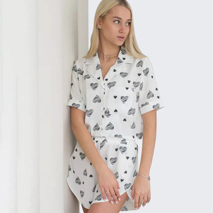 Pijama de manga corta con estampado de corazón para mujer, ropa informal cómoda para el hogar, primavera y verano