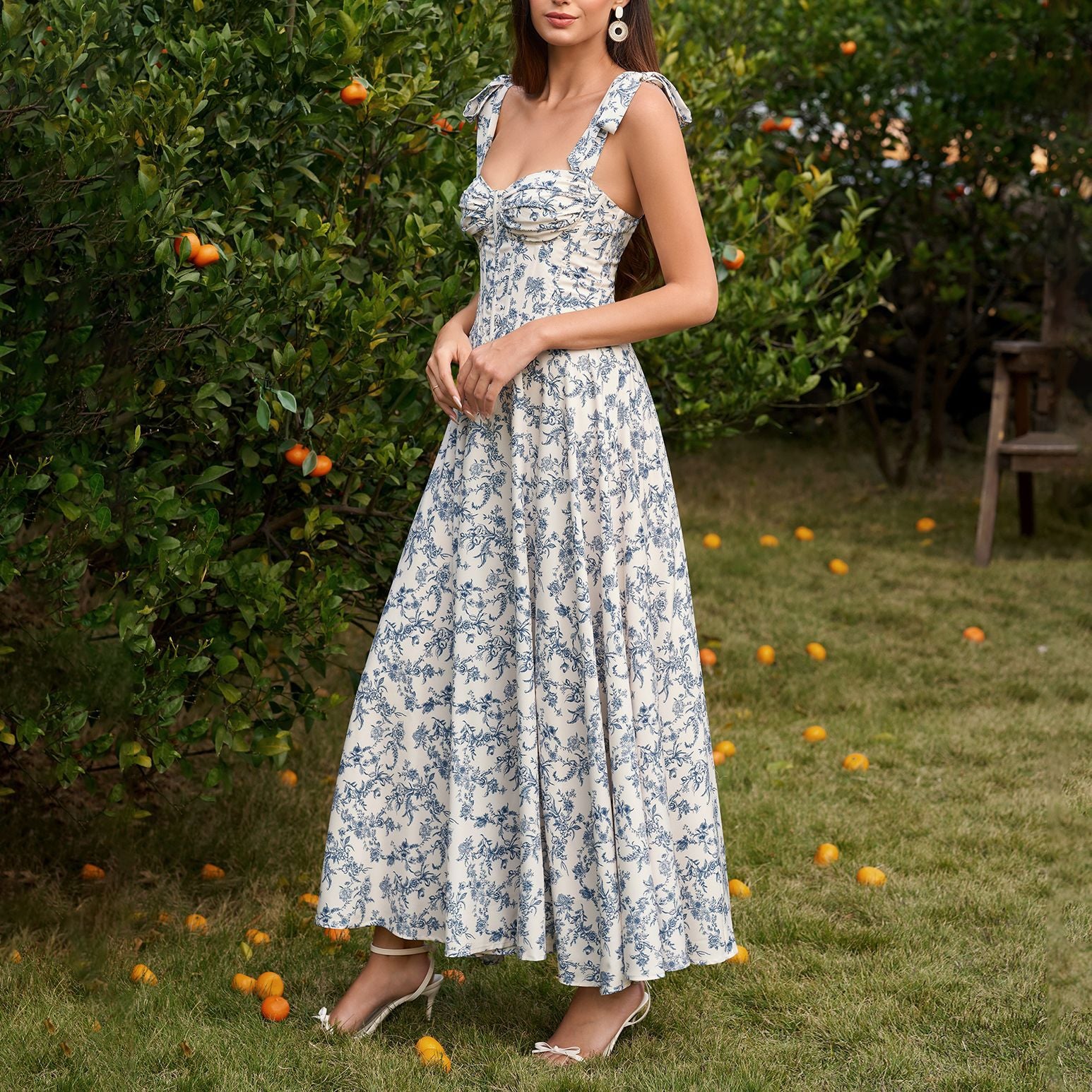 Summer Four Sided Stretch Printing Slip Dress Dignified Goddess Backless Waist Trimming Lace up Boning Corset Dress SUNSHINE