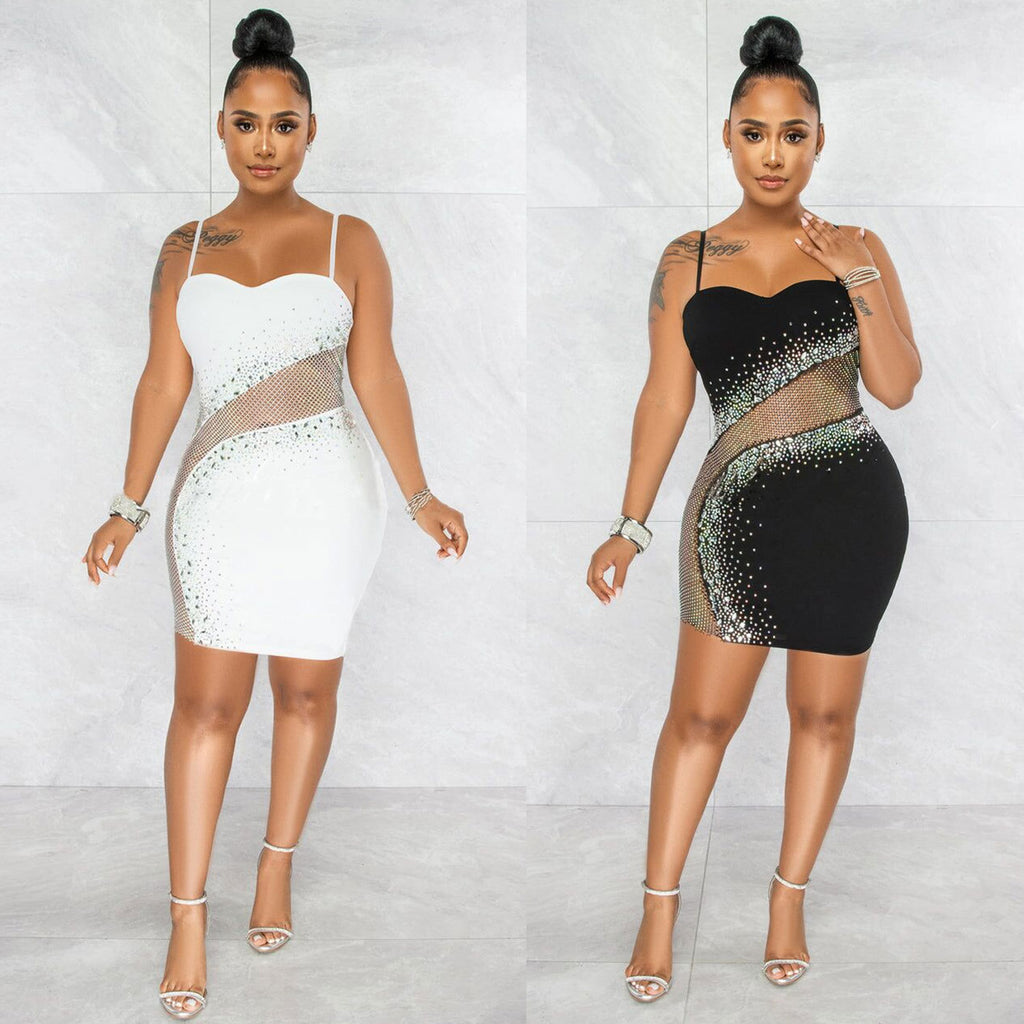 Sexy Slim-Fit Mesh Rhinestone Strap Dress WINNIEYA