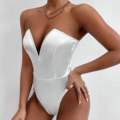 Women Tight Bottoming Shirt Slim Fit Figure Flattering Bodysuit Sexy V-neck Tube Top Bodysuit
