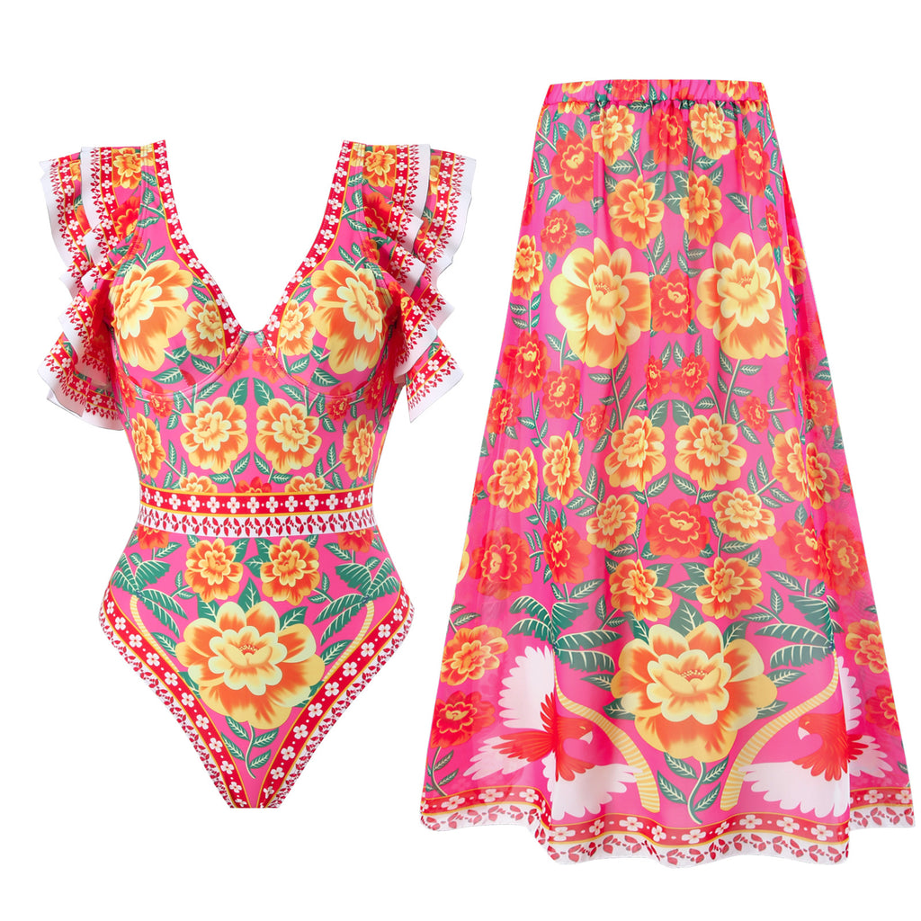 Traje de baño sexy de primavera para mujer, conjunto de falda cruzada con estampado cálido y conservador