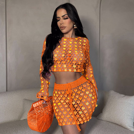 Sexy Women Handmade Crocheted Sequined Skirt Two Piece Beach Skirt Set
