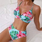 Sac à dos, débardeur à bretelles spaghetti volantées, taille haute, imprimé, culotte plissée, maillot de bain tankini