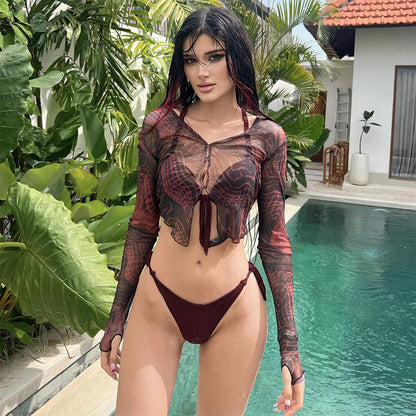 Summer Beach Sun Protection Sexy Mesh Floral Print Wooden Ear Sheer Long Sleeve With Finger Stall Cropped Top