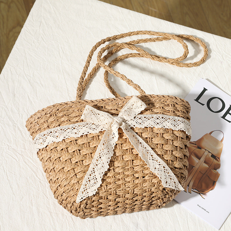 Straw Bag Lace Bow Woven Bag Fairy Seaside Vacation Beach Bag Women Bag EaseWoven