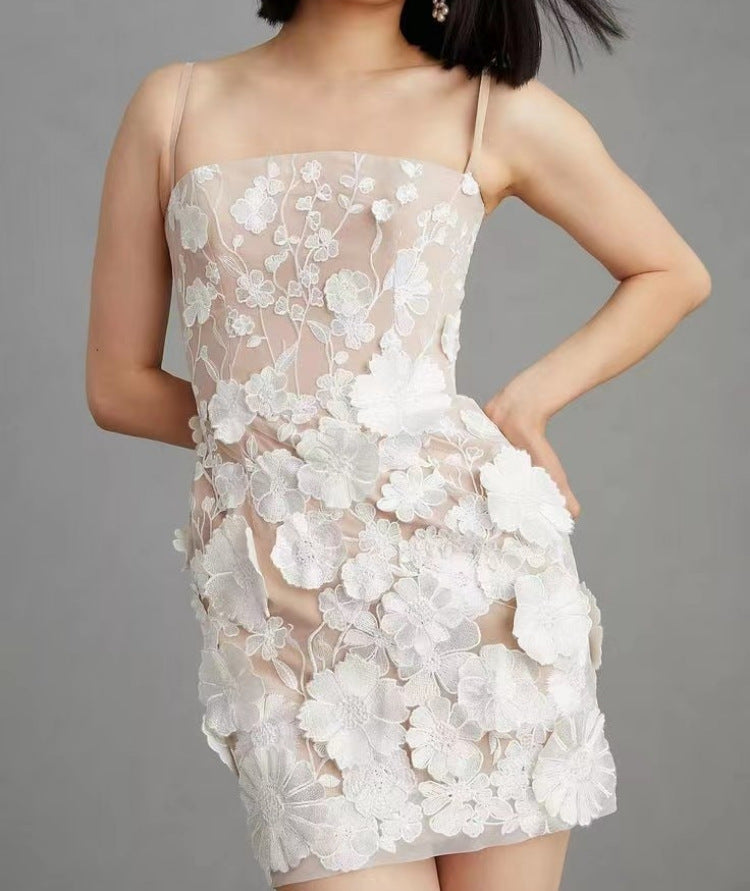 Spring Summer Gorgeous Three Dimensional Floral Embroidered Strap Short Dress Dinner Suit GlamArt
