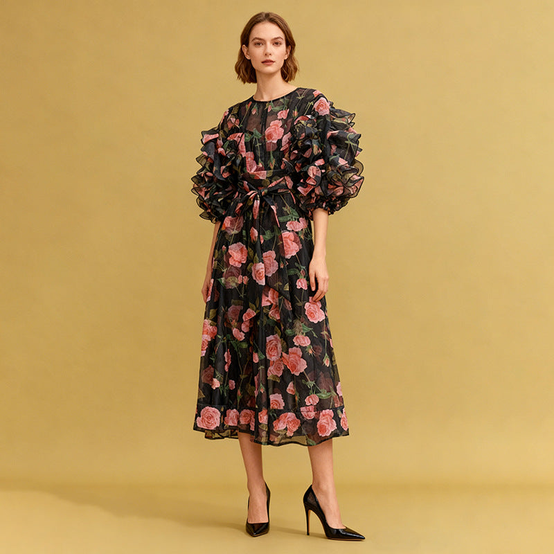 Retro Romantic Palace Rose Print Dress for Women round Neck Design Puff Sleeve Dress Ory