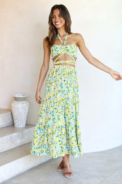 Spring Summer Sexy Halterneck Printed Tied Top Large Swing Dress for Women Floral Burst