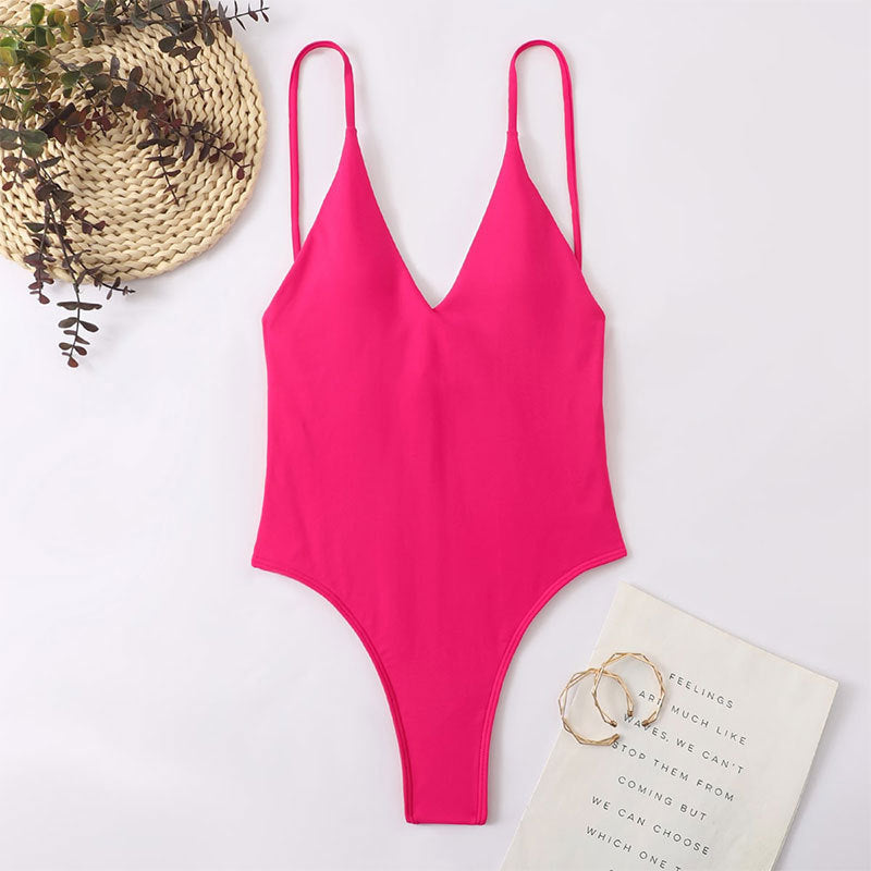 Traje de baño de una pieza conservador simple, cuello en V, sin espalda, color sólido, sexy, adelgazante, de primavera.
