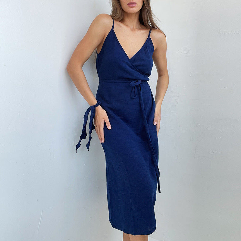 French Placket Strap Dress Women's Clothing Design Sexy Small Backless Slit Hemline at Hem Dress JilSung