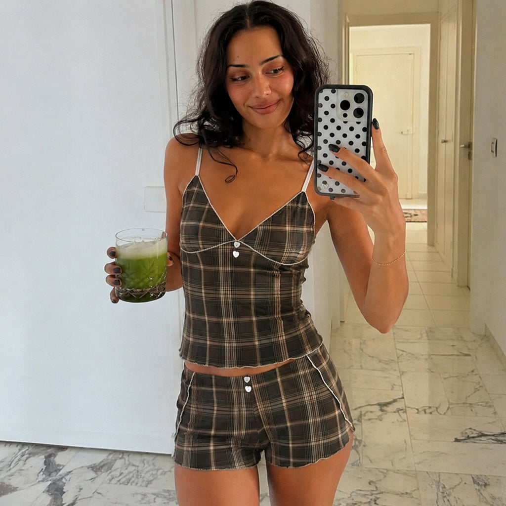 Plaid Suspender Pajamas Summer Sexy Heart Buckle White Covered Home Wear Shorts Two Piece Set LingSharp