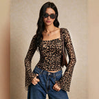 Women Clothing Square Collar Leopard Print Mesh Long Sleeved T shirt Women Bell Sleeve Waist Tight Slim Fit Top Yiskiss