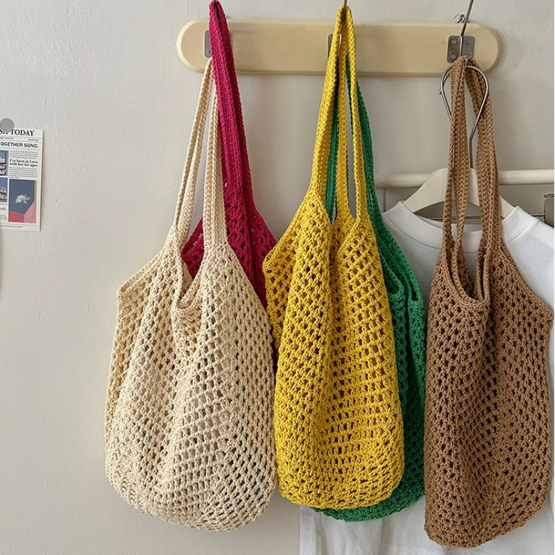 Casual Large Capacity Cotton Thread Woven Bag Hollow Out Cutout Straw Bag Idle Shoulder Bag Vacation Beach Bag Women Bag EaseWoven