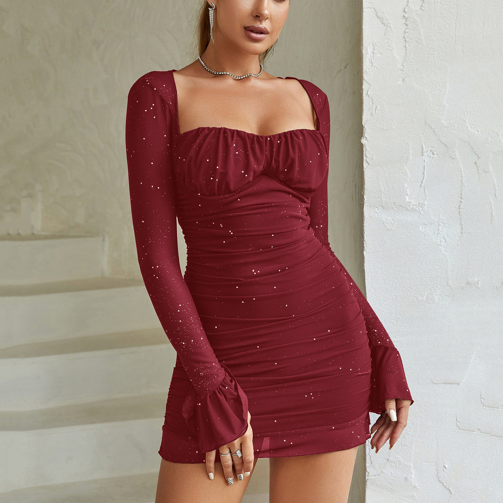 Vestido de malla de manga larga, sexy, transparente, con aro de acero y lentejuelas, cuello cuadrado, sin espalda