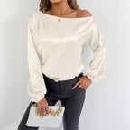 Ropa de mujer Camisa de satén de verano Camisa de satén de manga larga blanca para mujer