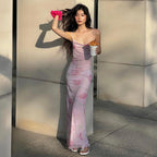 Robe longue à bretelles en maille à imprimé floral et col dénudé pour femme, vêtement d'été sexy et épicé