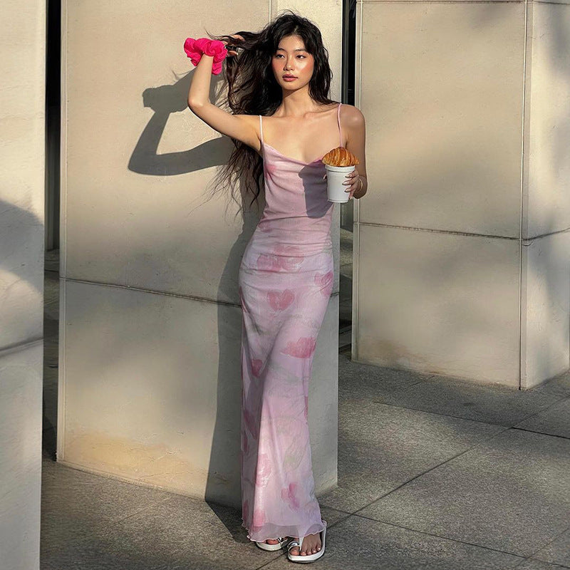 Robe longue à bretelles en maille à imprimé floral et col dénudé pour femme, vêtement d'été sexy et épicé