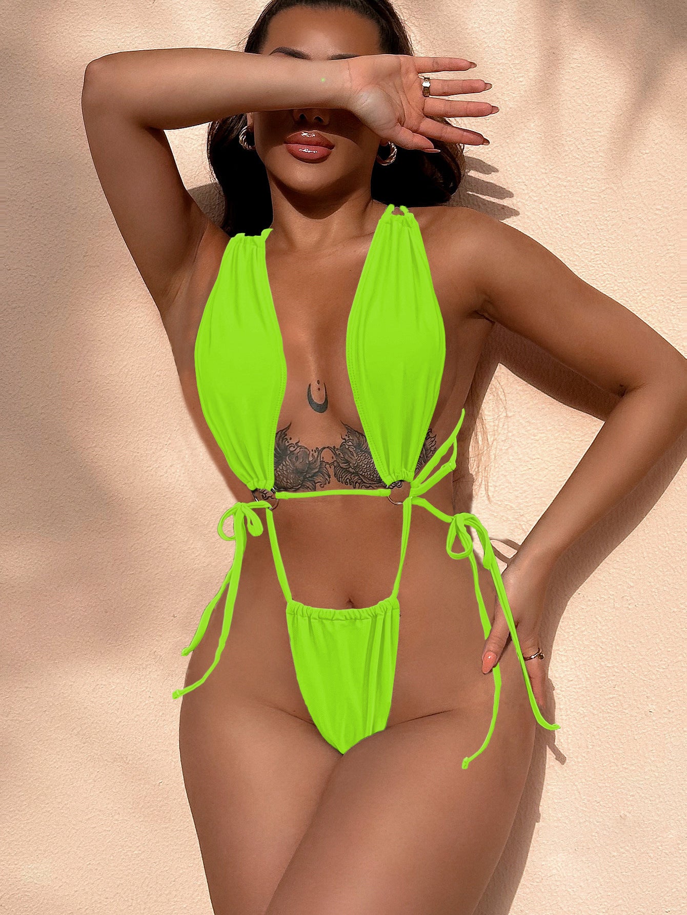 Bikini doble de una pieza traje de baño de color sólido traje de baño de bikini para mujer traje de baño cruzado sexy