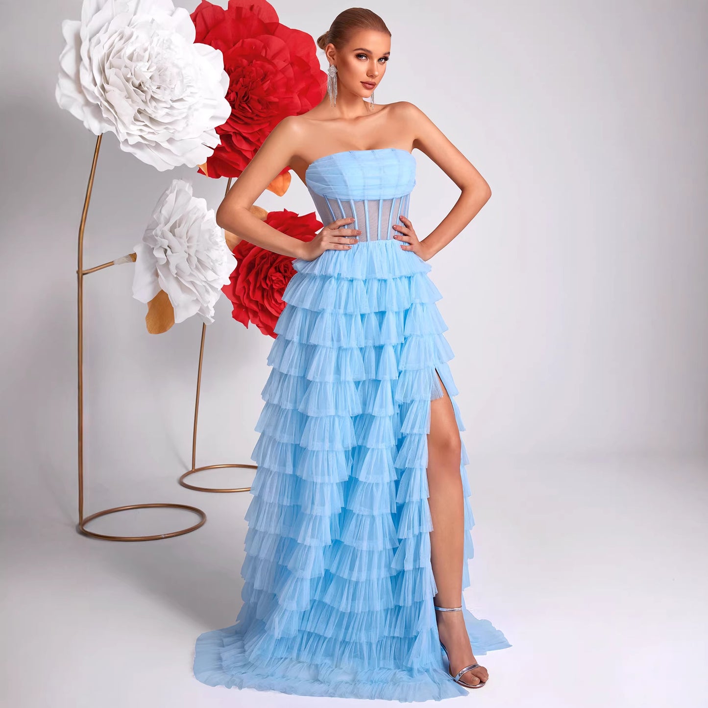 Ice Blue Strapless Evening Dress Three Dimensional Multi Layer Mesh Design See through Waist Split Cocktail Dress Ladys