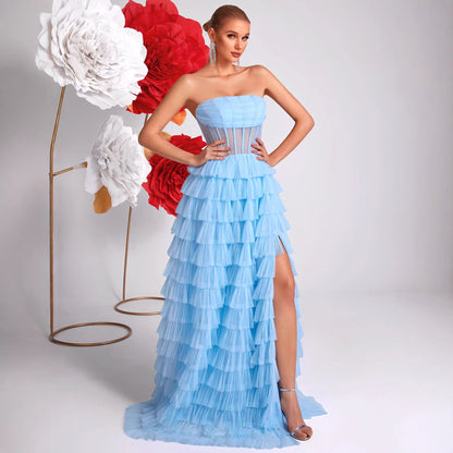 Ice Blue Strapless Evening Dress Three Dimensional Multi Layer Mesh Design See through Waist Split Cocktail Dress Ladys