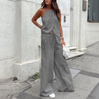 Summer Sexy Two Piece Suit Lace Up Halterneck Vest Sleeveless Top Women Wide Leg Pants Suit Kigali