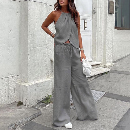 Summer Sexy Two Piece Suit Lace Up Halterneck Vest Sleeveless Top Women Wide Leg Pants Suit Kigali