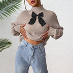 Haut à col roulé mi-long pour femme, pull en maille noire avec nœud et empiècements floraux en velours coloré, sous-vêtement automne-hiver