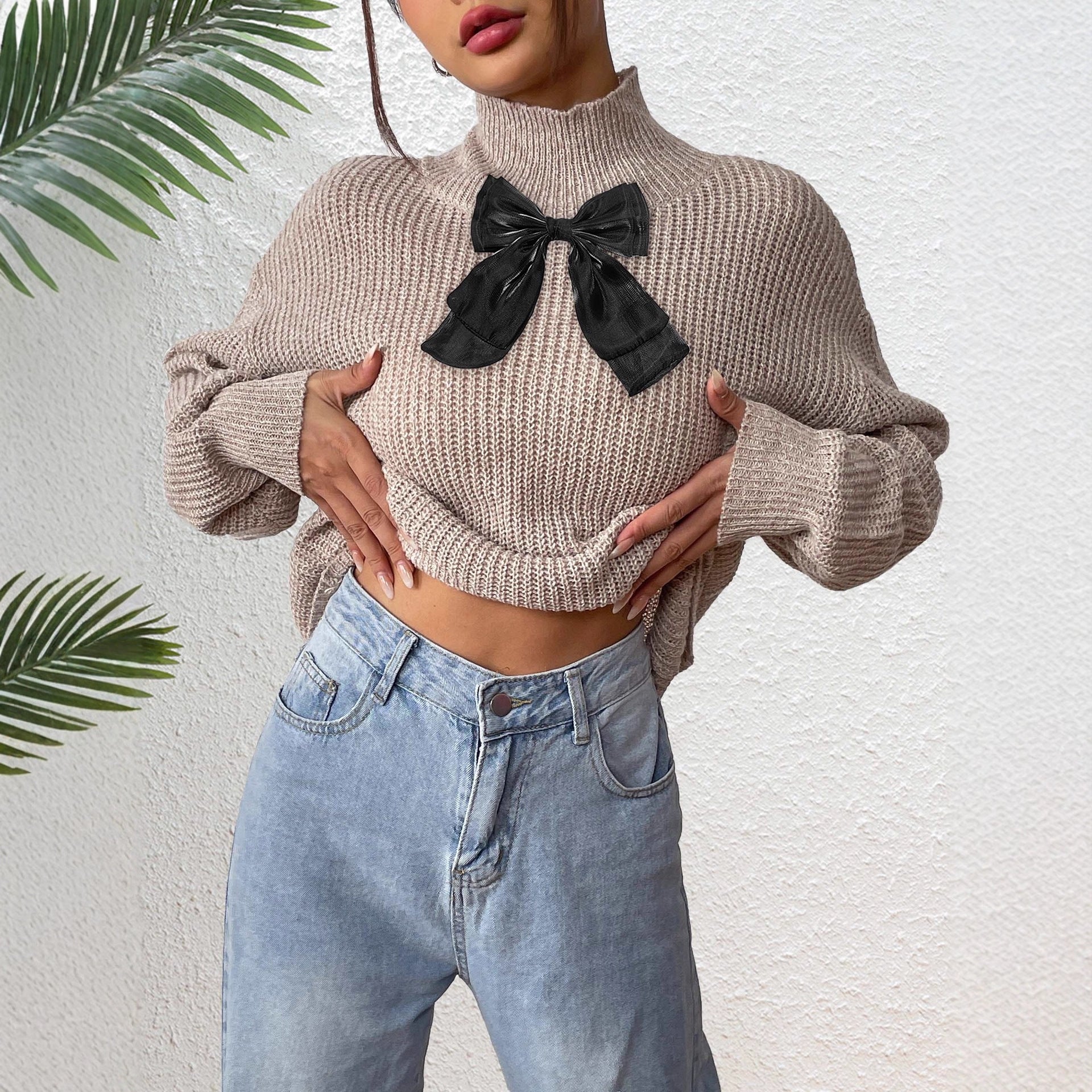 Haut à col roulé mi-long pour femme, pull en maille noire avec nœud et empiècements floraux en velours coloré, sous-vêtement automne-hiver