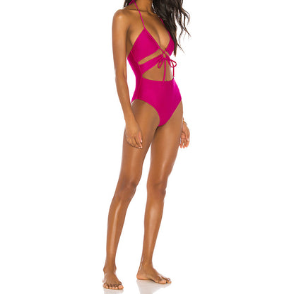 Solid Color One Piece Swimsuit Outer Single Women Swimsuit Solid Color Cutout Rope One Piece Bikini