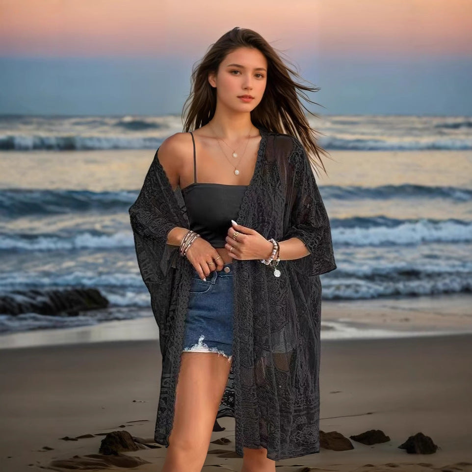 Women's Clothing Sexy See through Water Soluble Lace Embroidered Cardigan Beach Bikini Sun Protective Blouse Oyimi