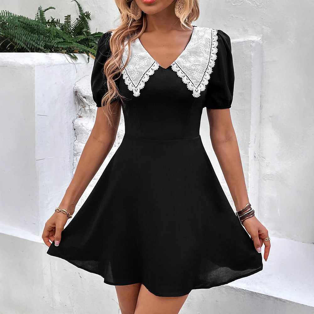 Summer Sweet Spicy Short Dress Contrast Color Doll Collar Puff Sleeve Dress Jeme