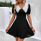 Summer Sweet Spicy Short Dress Contrast Color Doll Collar Puff Sleeve Dress Jeme