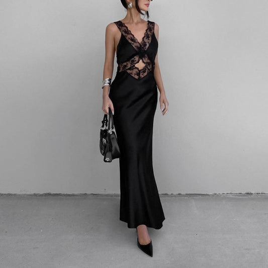 Vestido camisero negro elegante con encaje y diseño de ropa de primavera para mujer