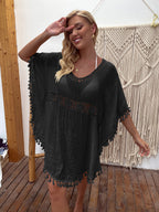 Outdoor Women Clothing Hand Crocheting Stitching Tassel Sexy Midi Dress Loose Sun Protection Beach Cover Up Geery