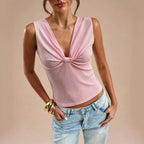 Women Clothing Summer High Grade V neck Knot Sleeveless Top Texture Slim Fit Slimming Elegant T shirt Women Yiskiss